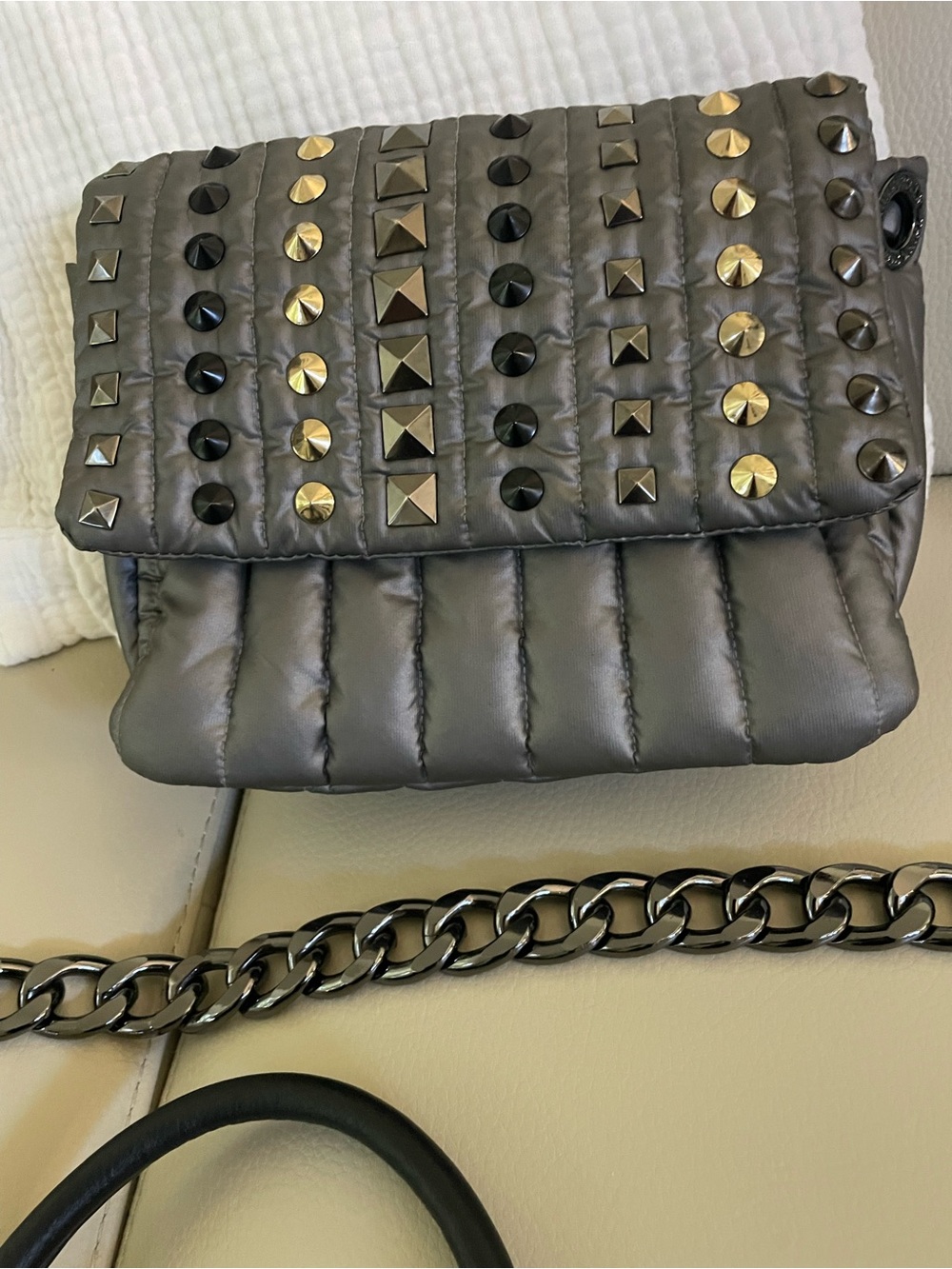 THINK ROYLN Quilted Gray Crossbody with Mixed Metal Studs
